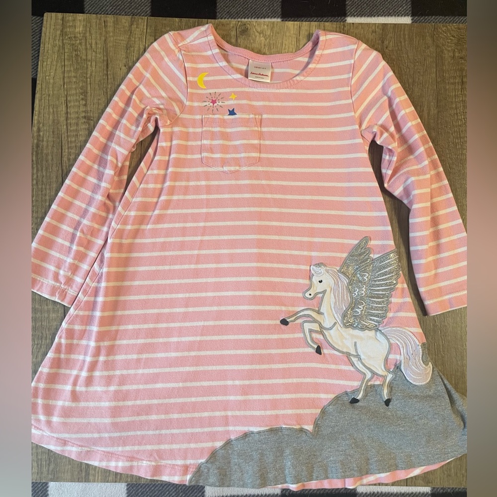 Hanna Andersson Pegasus Applique Dress Girls Long Sleeve Pink, Size 5
